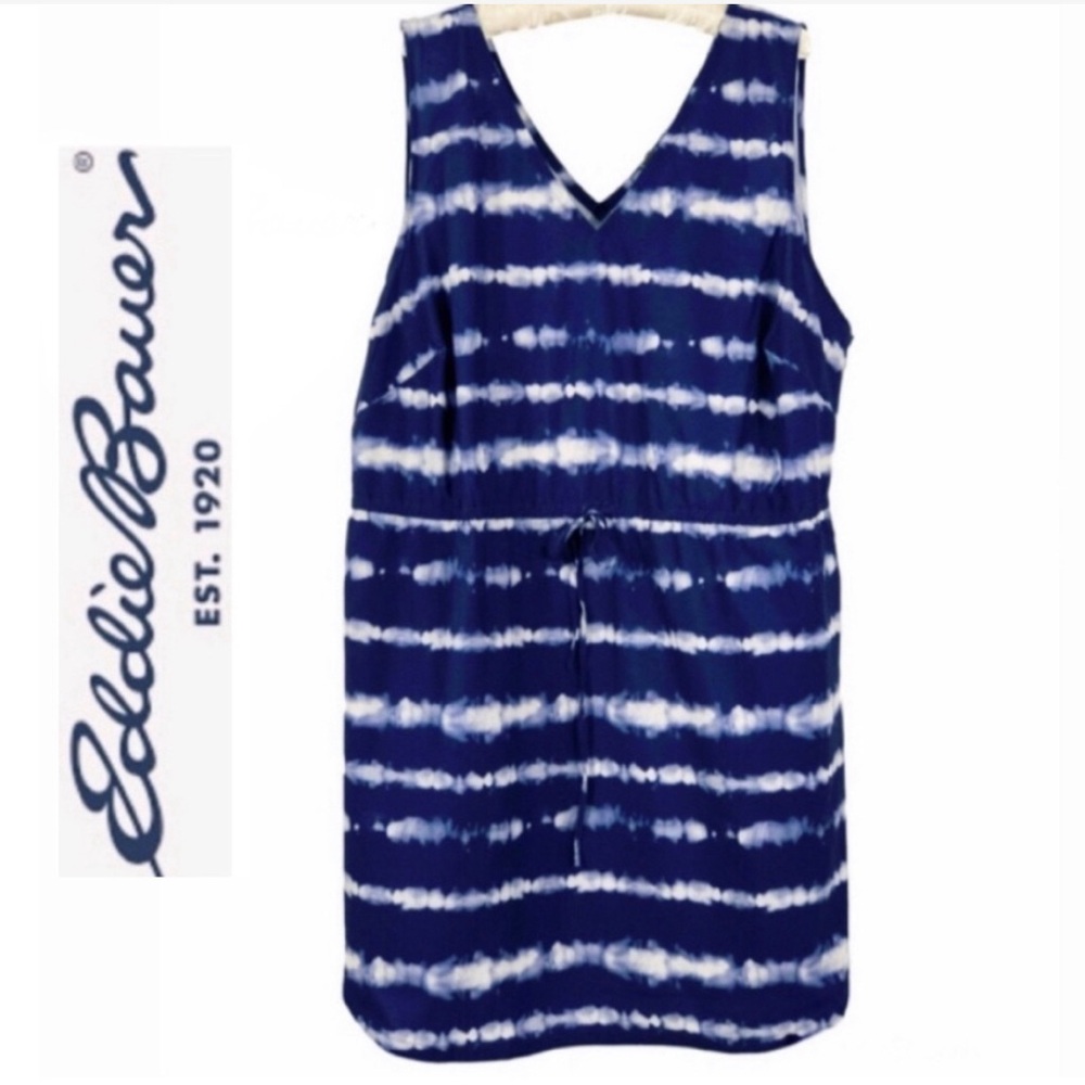 Eddie Bauer Spindrift Tie Waist Tank Dress, Blue and White Striped Tie Dye 2X - Picture 2 of 16